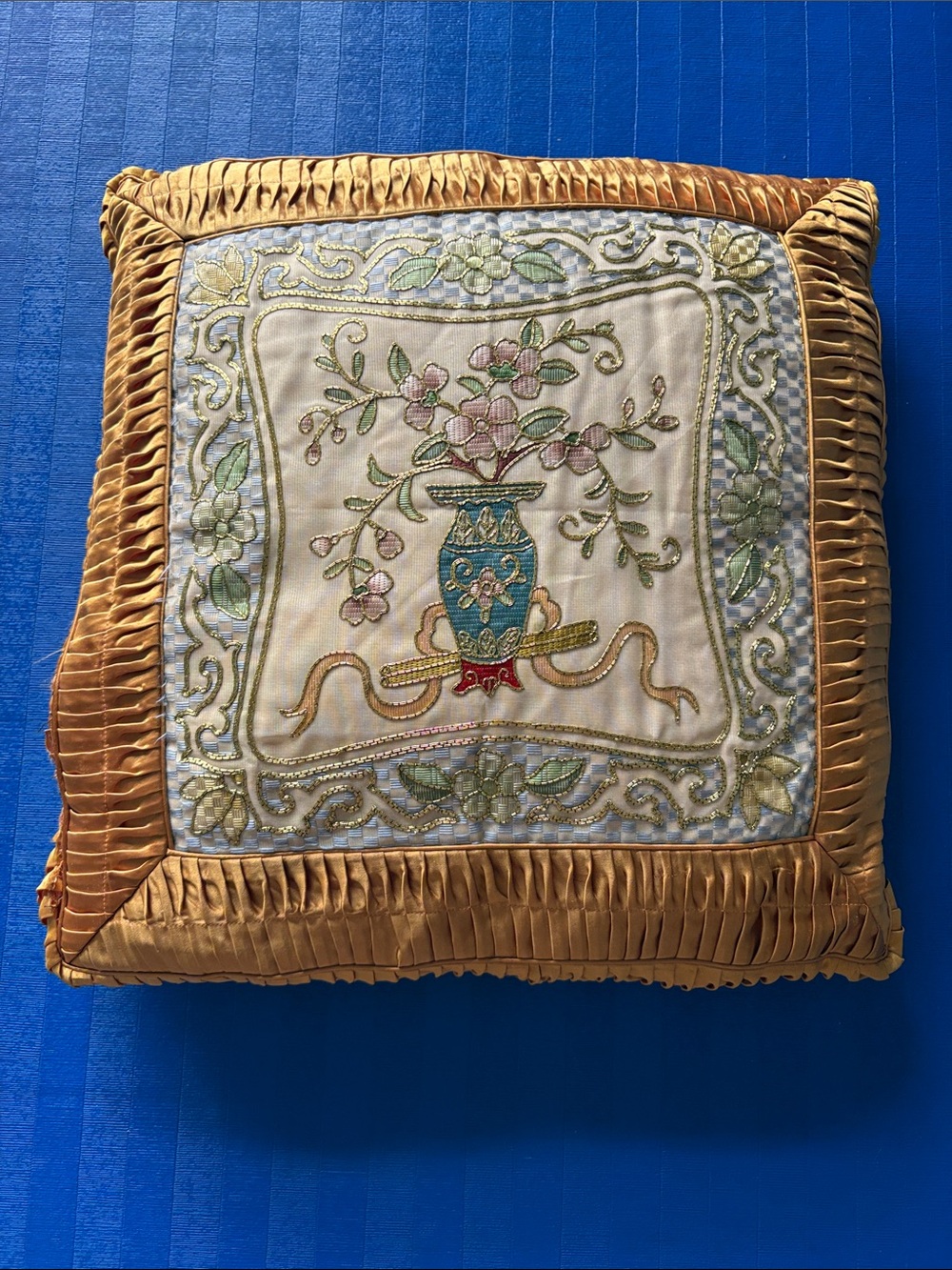 Vintage Chinese Silk Gold Embroidered Floral Throw Pillow 17 x 17 Needs Repair